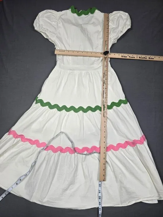 White Midi Dress With Green & Pink Ruffle Trim Short Puff Sleeves Shop The Mint - Picture 2 of 4